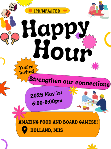Pink, purple, orange flyer for IPD/MPA/ITED happy hour