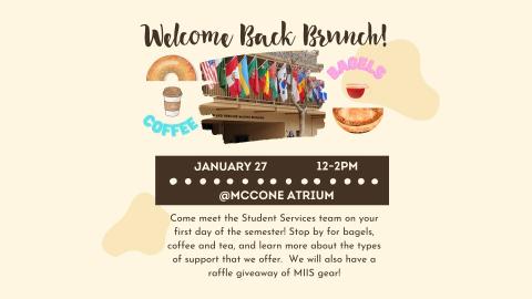 Pictures of international flags, bagels and coffee