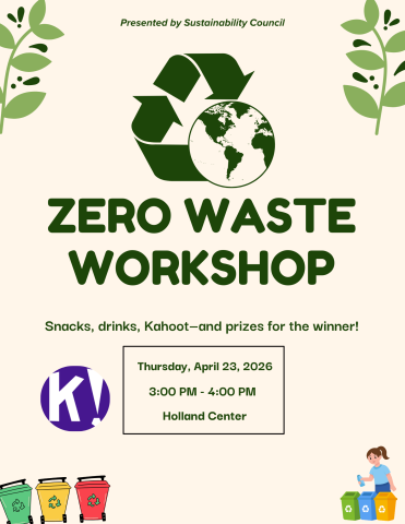 Recycling symbol, a image of the globe, and trash and recycling bins.