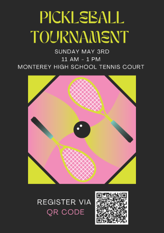 Image of two pickleball rackets and a ball on a pink and yellow background.