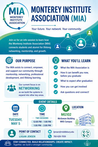 Infographic poster titled “Monterey Institute Association (MIA) Info Session for Current Students.” The design uses blue, teal, and green colors with a network-themed background.
The poster invites students to an information session about how the Monterey Institute Association connects students for networking, mentorship, professional development, and lifelong learning, with a current focus on networking.
Sections include:
Our Purpose: The association connects and supports the community through mentors…
