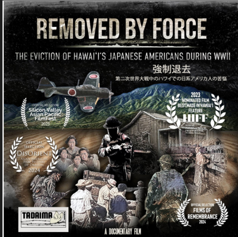 An artistic compilation of images that includes soldiers with guns, frightened civilians, a house, a business, and a fighter plane with a Rising Sun logo. The background includes a large mountain.