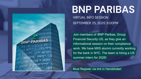 Flyer for BNP Paribas virtual informational session to learn more about the GFS team.