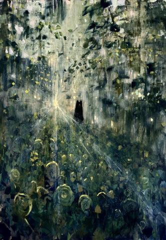 Oil painitng of a field of green fiddlehead ferns with a ray of light coming through a forest of trees. A black bear stands in the distance with gaze towards the viewer.