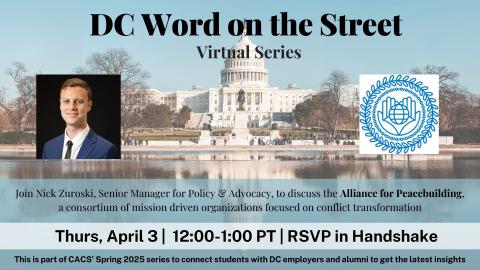 Join Nick Zuroski, Senior Manager for Policy & Advocacy, and other members of his team to learn about the Alliance for Peacebuilding, a consortium of mission driven organizations focused on conflict transformation. Middlebury is a member of the Alliance!