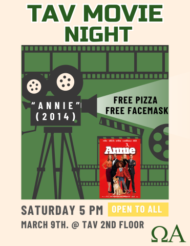 TAV Movie night Saturday March 9 @ TAV 2nd Floor 5 PM.