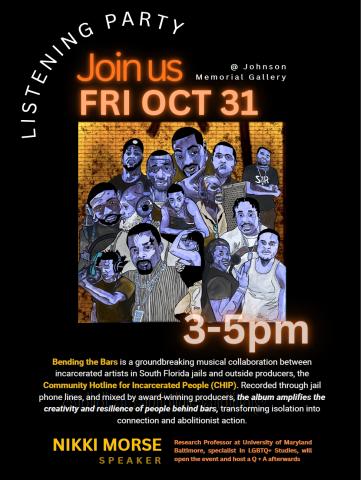 Poster with orange and purple colors over black backdrop. Purple image of people infront of orange brick wall. List times 3-5PM text describing the event.