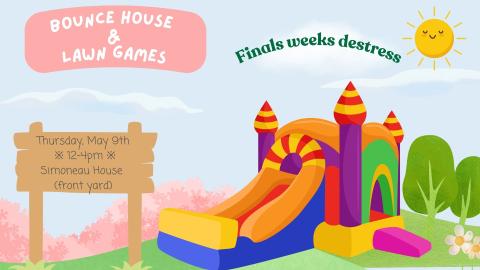 Colorful bouncy castle in the lower right stretching across the bottom of the poster on a sky blue background