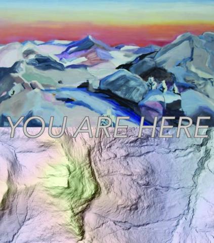 mountain top view, painted landscape in top image bottom image is a satellite scan of the geologic terrain of the location. Camel's Hump Vermont.