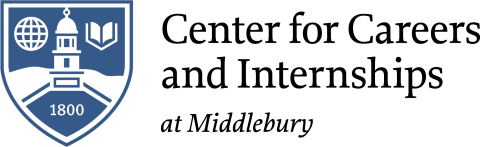 Blue college emblem on left with black lettering to the right Center for Careers and internships at Middlebury