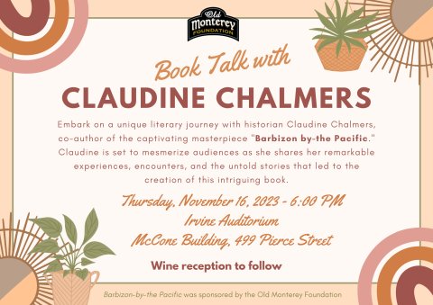 Dark maroon and pale orange text on a beige background with a thin green border. Circular designs in all corners with potted plants in two of the corners