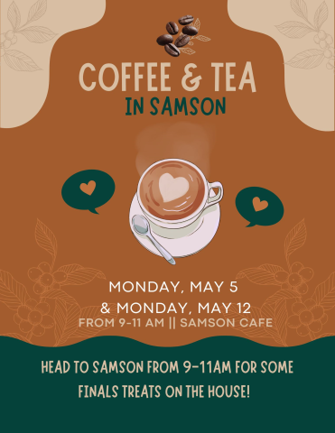 Poster for coffee and tea. Images of coffee cup and coffee beans.