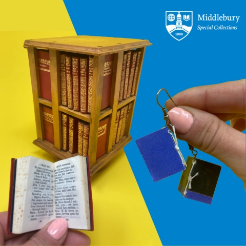 tiny book library and handmade book earrings on yellow and blue background with middlebury special collections shield logo