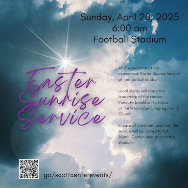 purple text against a background of clouds and sun