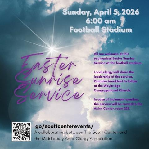 purple text against a background of clouds and sun