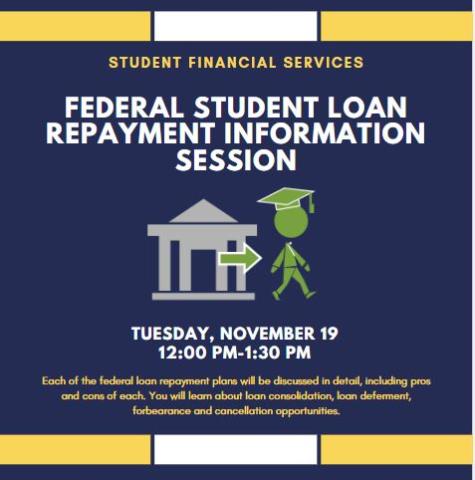 Student Financial Services announces their Federal Student Loan Repayment Information Session.