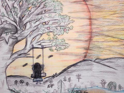 A person in a tree swing in view of a sunset over hills. color pencil drawing