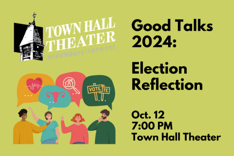 a postcard with Town Hall Theater Steeple and below it four people with speech bubbles that have pictures of a heart, uterus, house and voting sign.