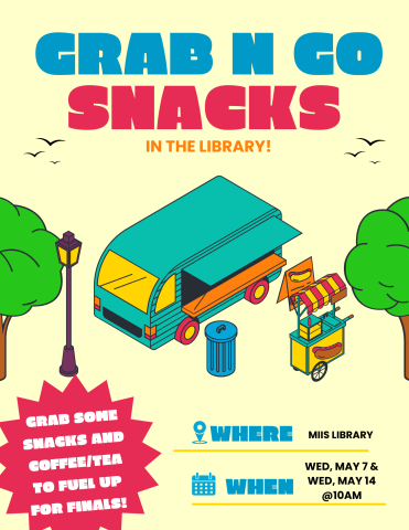 Grab n Go snacks poster with images of food trucks and carts