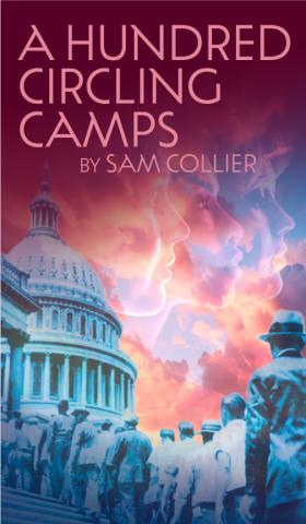 Pink writing on a maroon background, with three faces superimposed on the clouds and people lined up on steps leading to a domed building