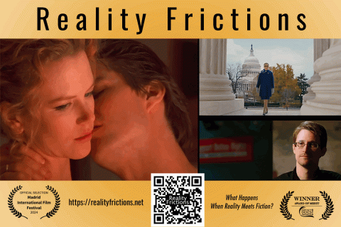 Still photos from the video essay, QR code directing user to the Reality Frictions website along with the web address: https://realityfrictions.net. The image also mentions two accolades the video essay has received, along with text stating, "What happens when reality meets fiction?"