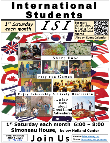 For all International Students & Scholars; a fun way to meet & share with other international students in a non-academic way; a unique opportunity for creating cross-cultural friendships and building bridges that contribute to making the world a better place.
