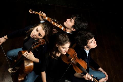 the artists sitting in a circle with their instruments, viewed from above