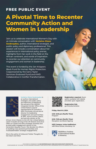 Dark background in the top half of the poster with a picture of the speaker and text about the event. The light lower half has event location/date/time details and registration code as well as a blurb about the speaker.