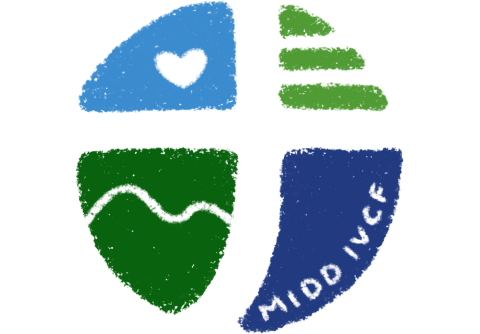 Middlebury InterVarsity Christian Fellowship Logo. Includes a cross, three lines to represent the Trinity, a heart, and the words MiddIVCF.