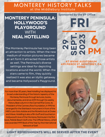 A man smiles in a white collared shirt and sweater smiles at the camera. Above him and to his left are details for the event including time, location and what he will talk about.