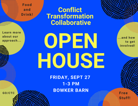 OPEN HOUSE hours and location with colorful circles showing what to expect to receive