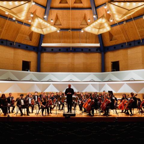 orchestra and conductor on stage