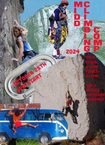 People climbing rock walls and a VW van.