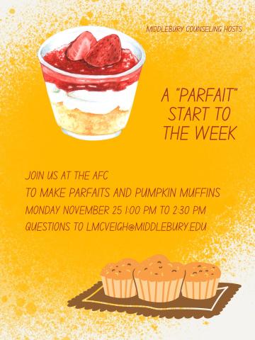 yogurt and fruit parfait and three muffins on a bright yellow background