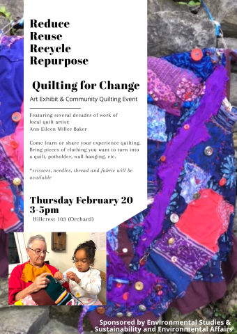1 picture of older woman teaching a young person how to quilt. Purple pink and maroon cloth sewed together in a collage.