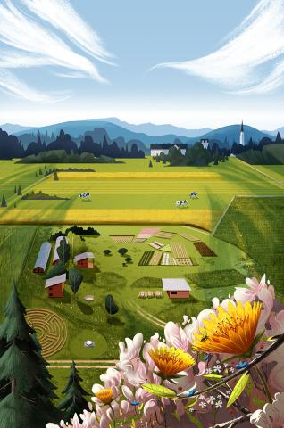 colorful floral foreground with garden and mountains in background