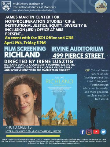 Blue flyer announcing the film screening of Richland along with a headshot of director Irene Lusztig.