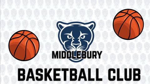 Two basketballs in the upper right and bottom left corner and text saying "Middlebury Basketball Club" over a panther logo