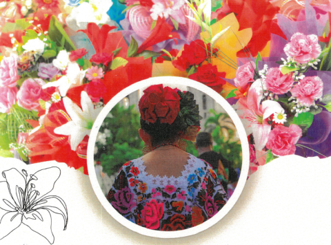 woman wearing a floral headpiece