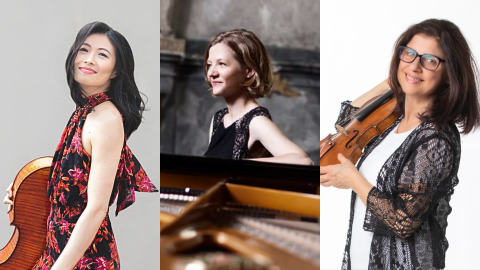 collage image of the three artists with their instruments