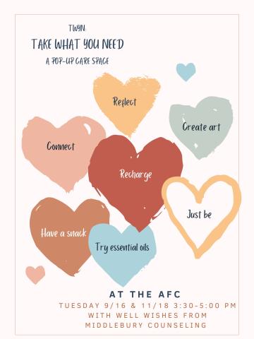Cluster of 7 colored hearts with text