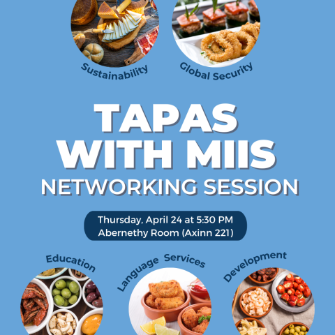 Blue background, five food images in circles arranged around white lettering Tapas with MIIS Networking Session