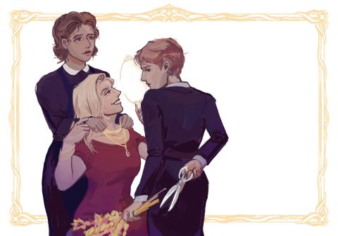 Three people facing each other. One person holds a pair of scissors behind their back.