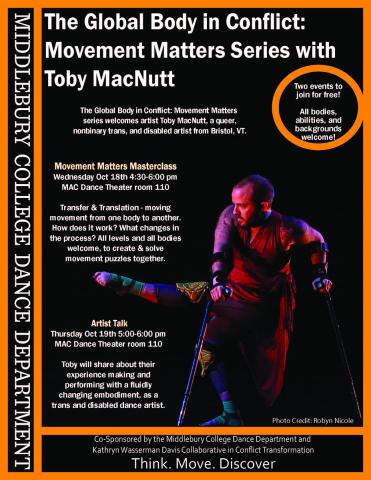 Poster for the event with text and image of the artist dancing