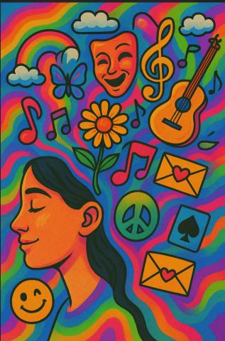 Drawing: content looking female with closed eyes in profile surrounded by symbols of happiness and peace on background of rainbow colors.