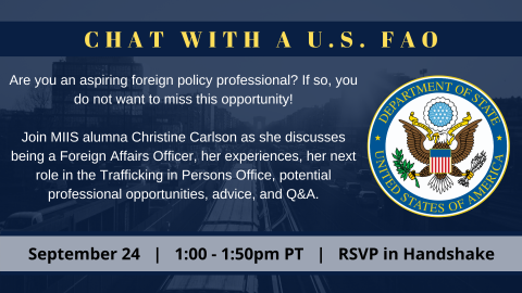 Flyer with US Department of State seal on a blue background