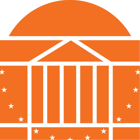 orange and white domed building UVA logo