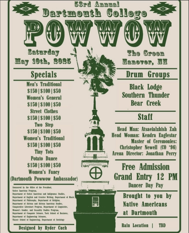 53rd Annual Dartmouth College Powwow Poster. Includes lists of specials, drum groups, and staff.