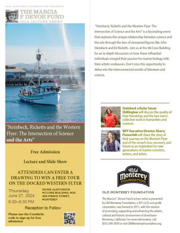 Picture of a boat on the bay and head shots of Steinbeck scholar, Susan Shillinglaw and WFF Executive Director, Sherry Flumerfelt.