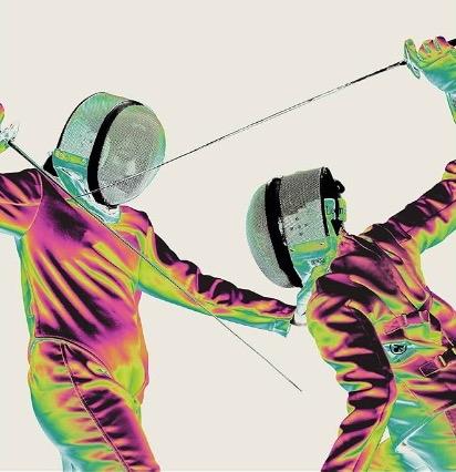 A colorful image of two fencers in the middle of a match.